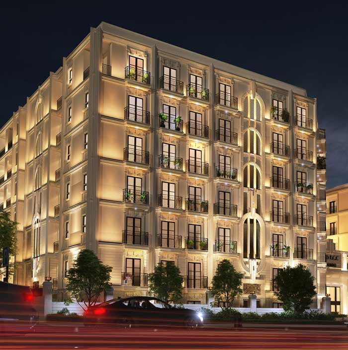 Illuminated apartment building at night